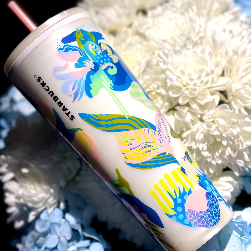 NWT🌼Starbucks Summer 2024 White Pearl Marble Multicolor Floral Tumbler